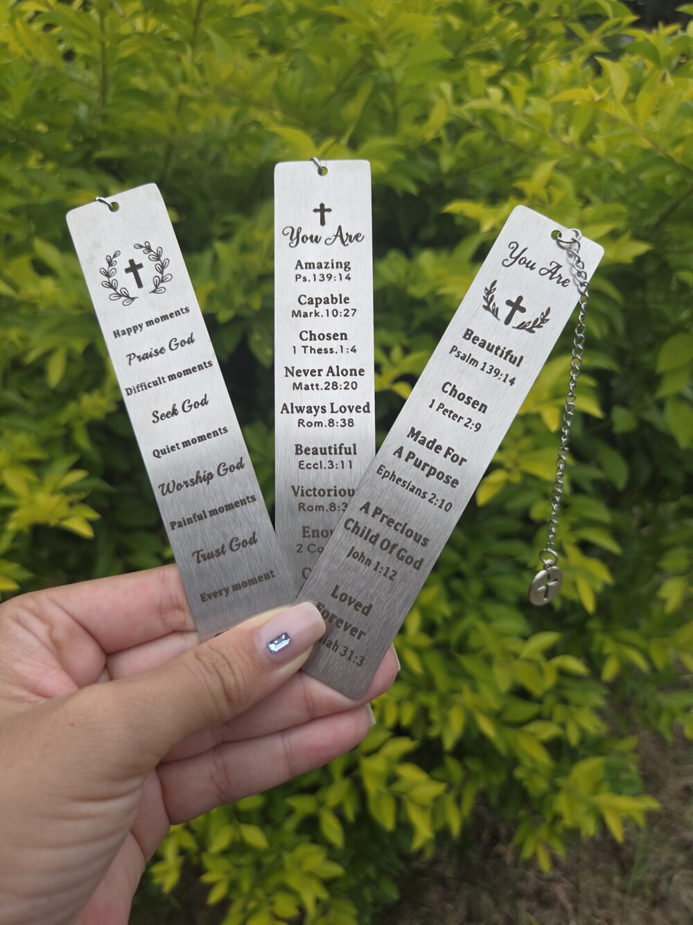 Metal Bible verse bookmarks engraved with inspirational Scripture