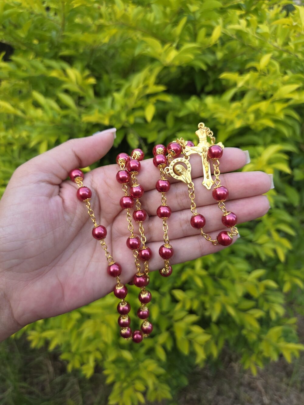 Glass pearl rosary with smooth beads for prayer and devotion