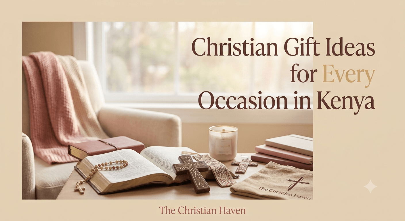 Collection of Christian gifts including Bibles, journals, candles, bookmarks, tote bags, rosaries, and notebooks.