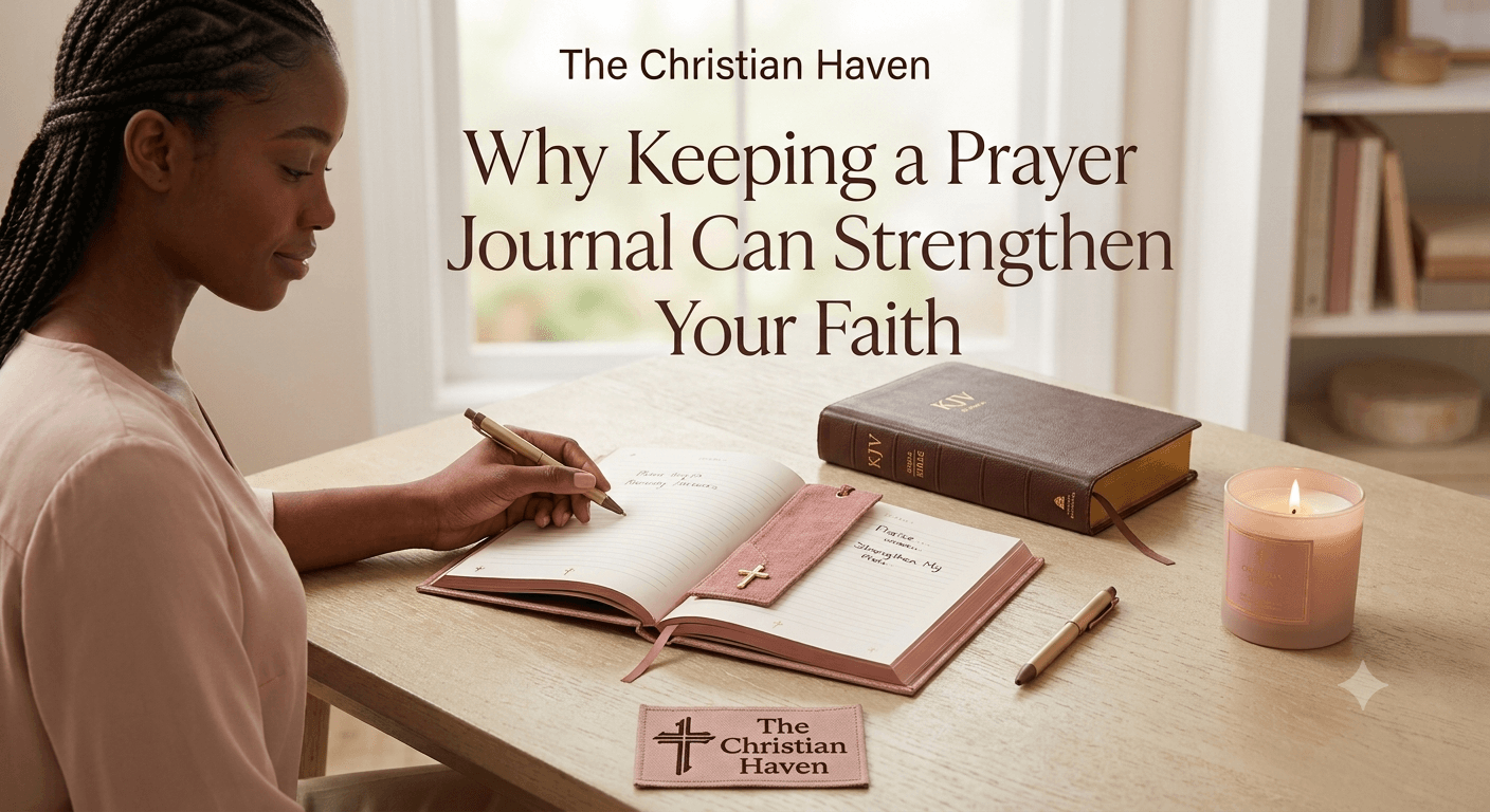 Open prayer journal with Bible, pen, bookmark, and candle during a quiet time.