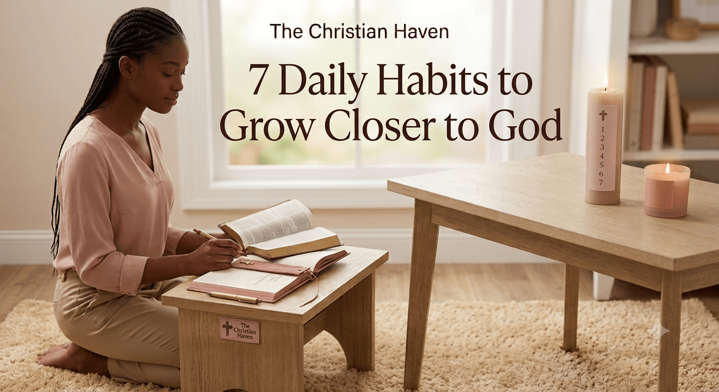 Woman praying and reading her Bible during her daily quiet time with God.