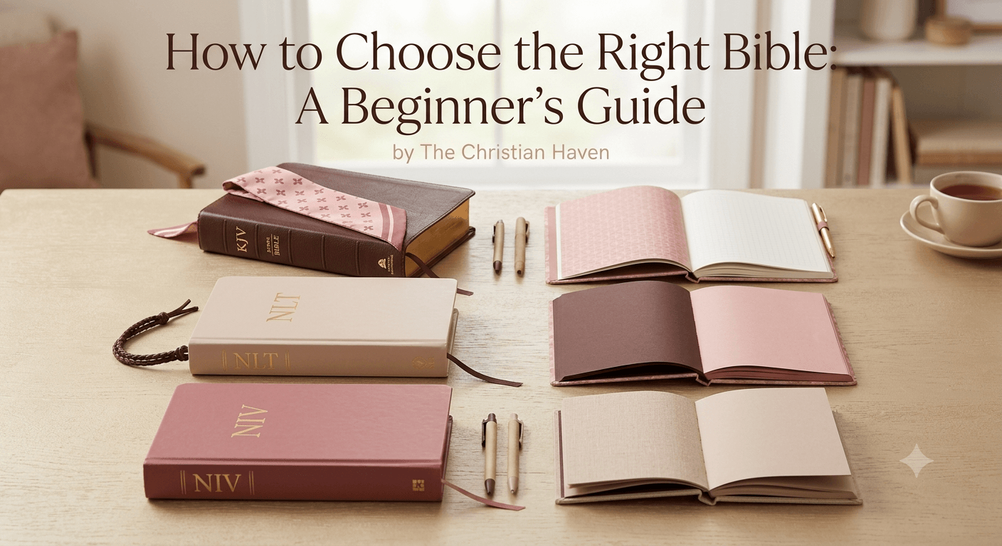 Collection of KJV, NIV and NLT Bibles with bookmarks and journals.